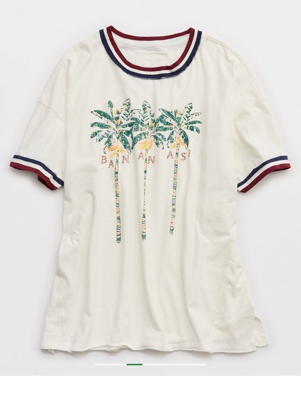 American Eagle Outfitters Cream Palm-Print Ringer Tee with Navy & Burgundy Trim